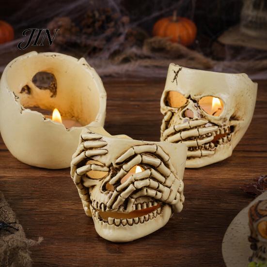 Indoor Halloween Decor Skull Candle Holder Decor, Resin Gothic Table Ornament, Spooky Shelf Festive for Party Home, Trick or Treat Centerpiece Gift