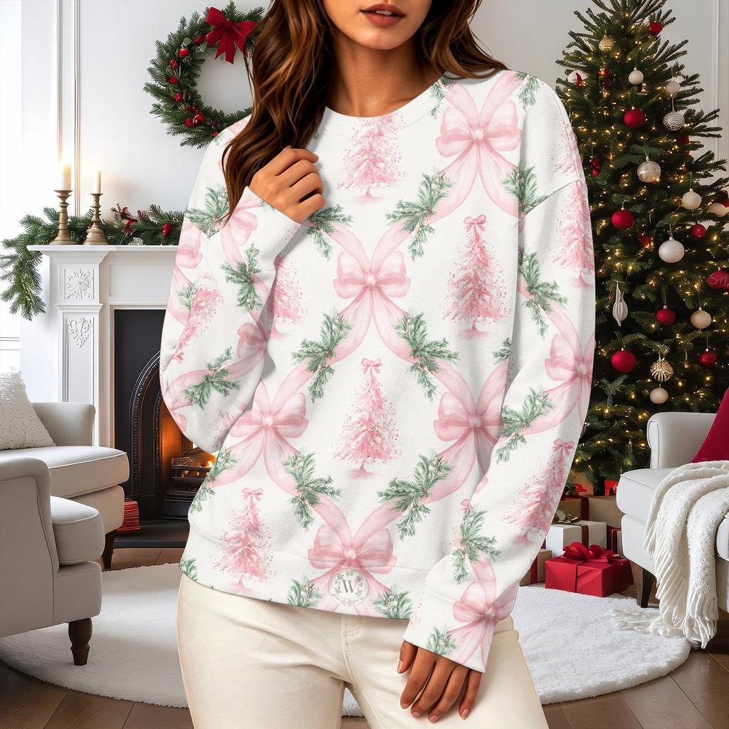 Women's Casual Long Sleeve Christmas Print Neck Pullover Sweatshirt Top
