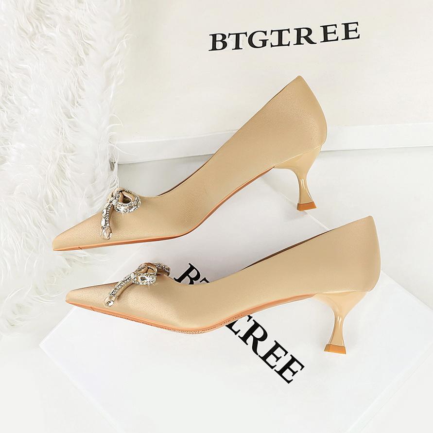 Water Diamond Bow Pointed, Thin Heel, Silk Heel, Single Shoe, Wine Glass Heel, Women's Single Shoe