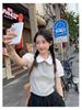 Women's Gray Peter Pan Collar Knit Top – Short-Sleeve, Summer, Fashionable Two-Piece Design