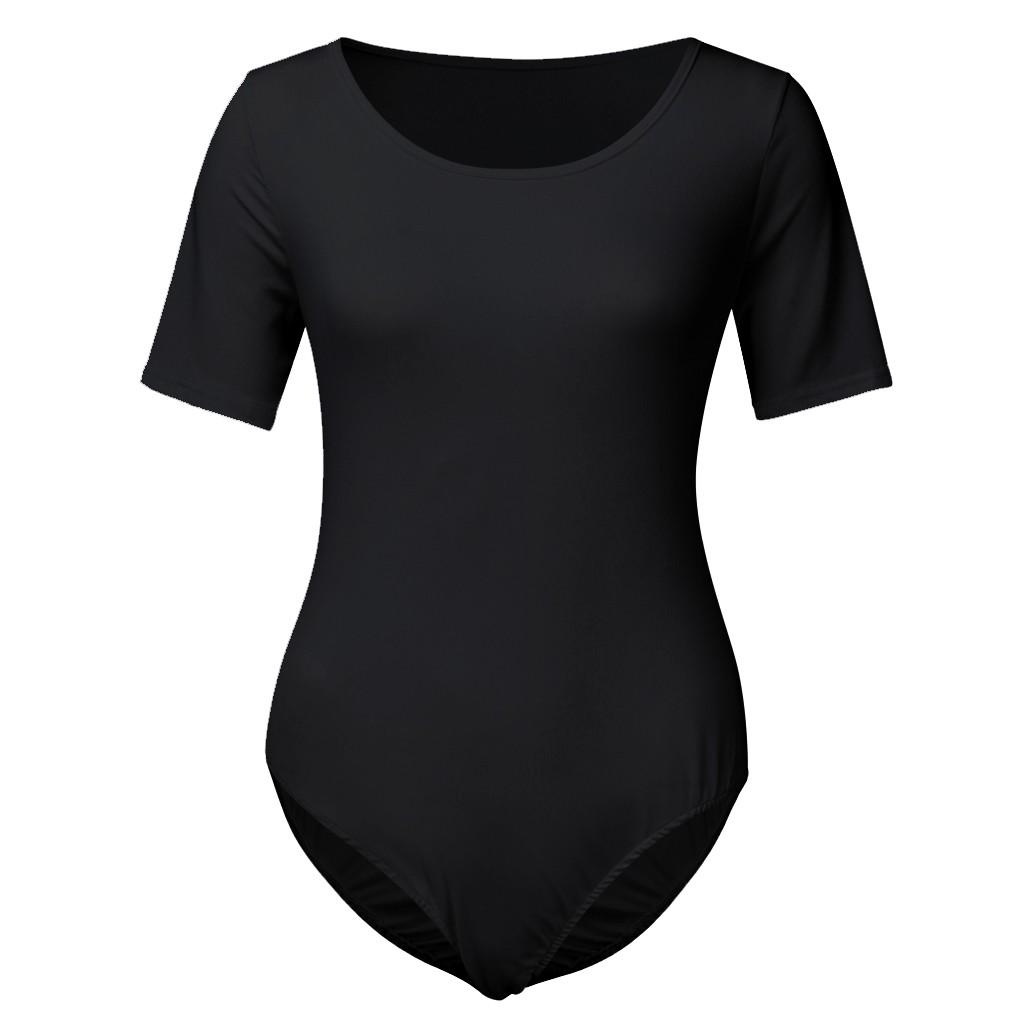 Women's Round Collar Short Sleeve Elastic Bodysuits Jumpsuits