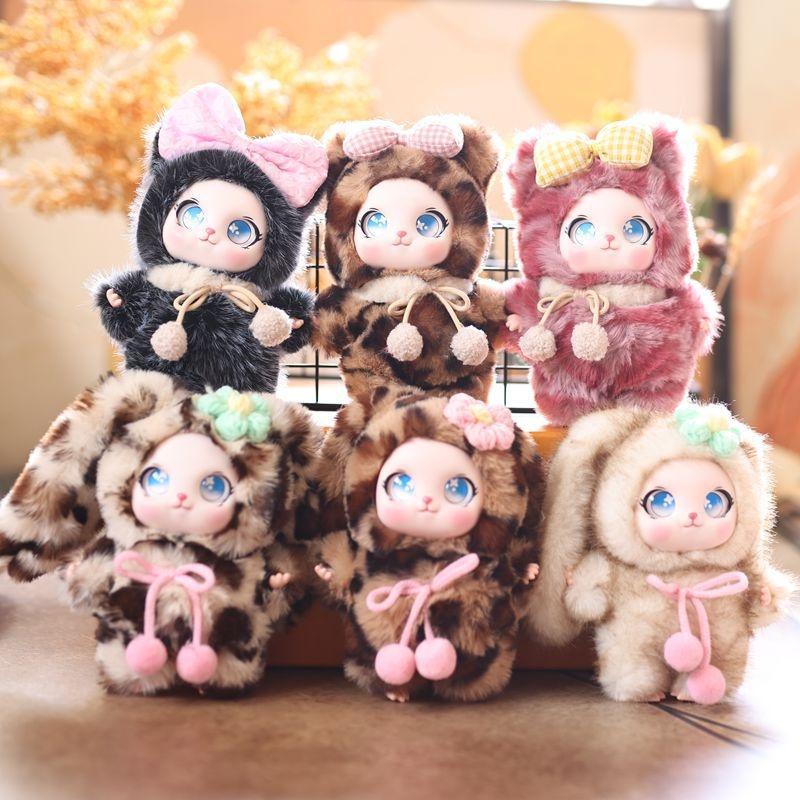 Cute Big Eyes Plush Keychain Soft Fluffy Faux Fur Checkered Bow Doll Pendant for Purse Decoration Girls Gift