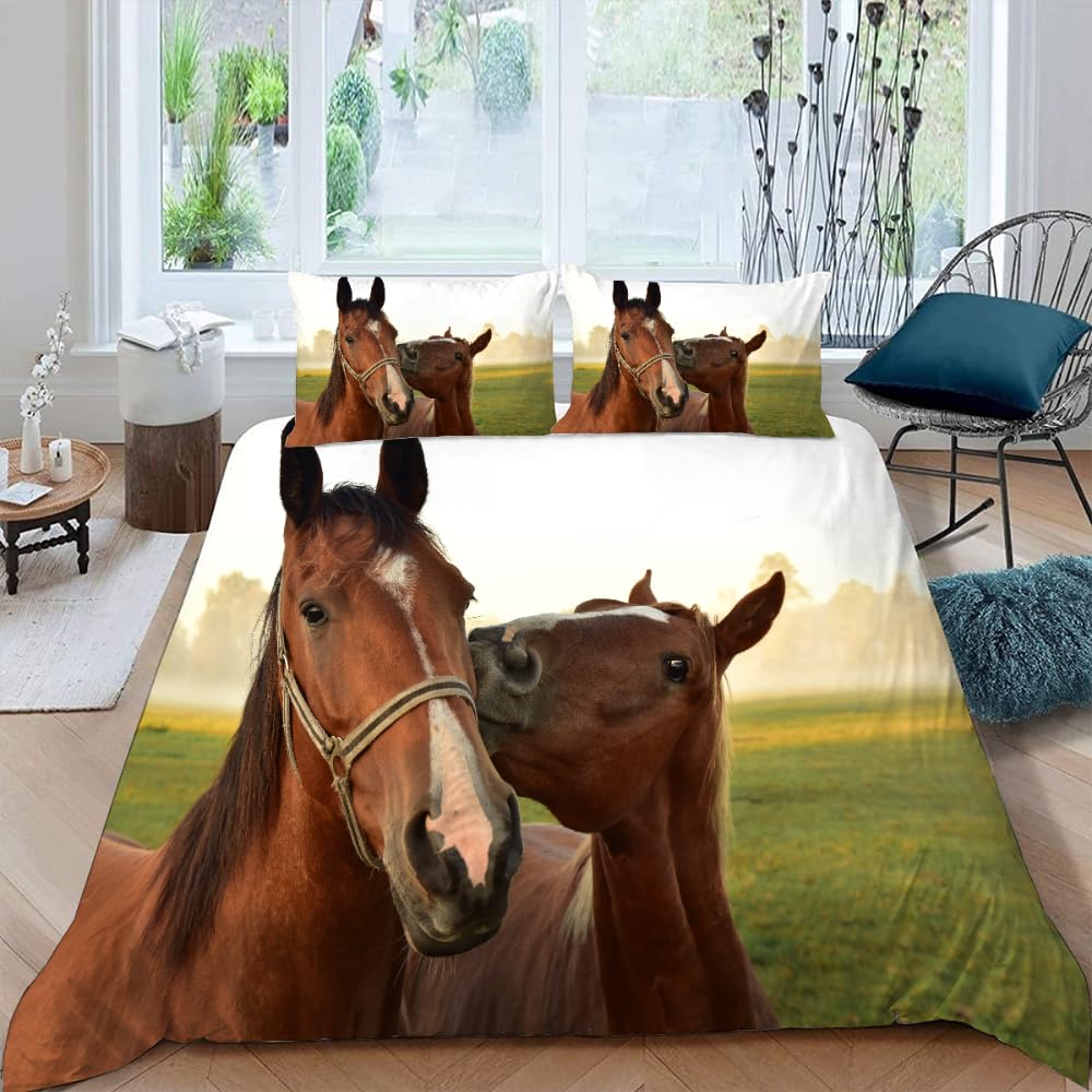 Horse And Green Grass Duvet Cover Set For Kids Boys Girls Teens Lightweight Quilt Covers Spring Themed Bedding Set Bedroom Decor