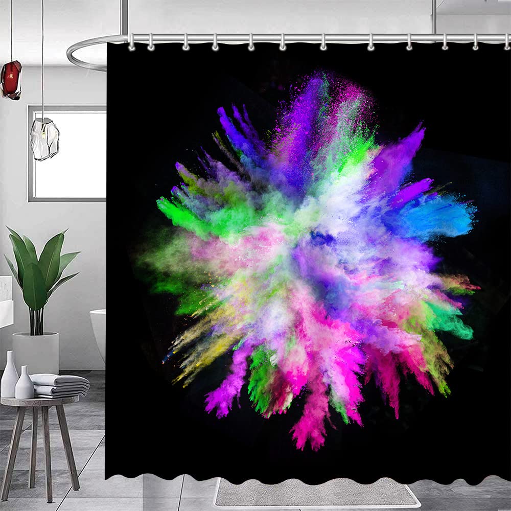 Bunter Duschvorhang Kunst Abstrakt Aquarell Mehrfarbig Regenbogen Atomare Sternenexplosion Mid Century Schwarzer Stoff Badezimmer Dekoration