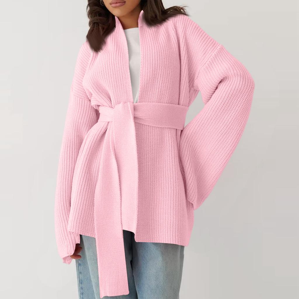 Women's  And Winter Coat Solid Color Lace-up Hooded Knitted Cardigan Sweater