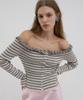Obeodyupeulleeo Off Shoulder Frilled Stripe Cardigan_Cream/Grey