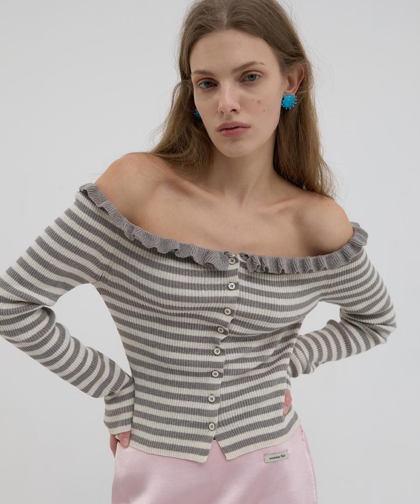 Obeodyupeulleeo Off Shoulder Frilled Stripe Cardigan_Cream/Grey