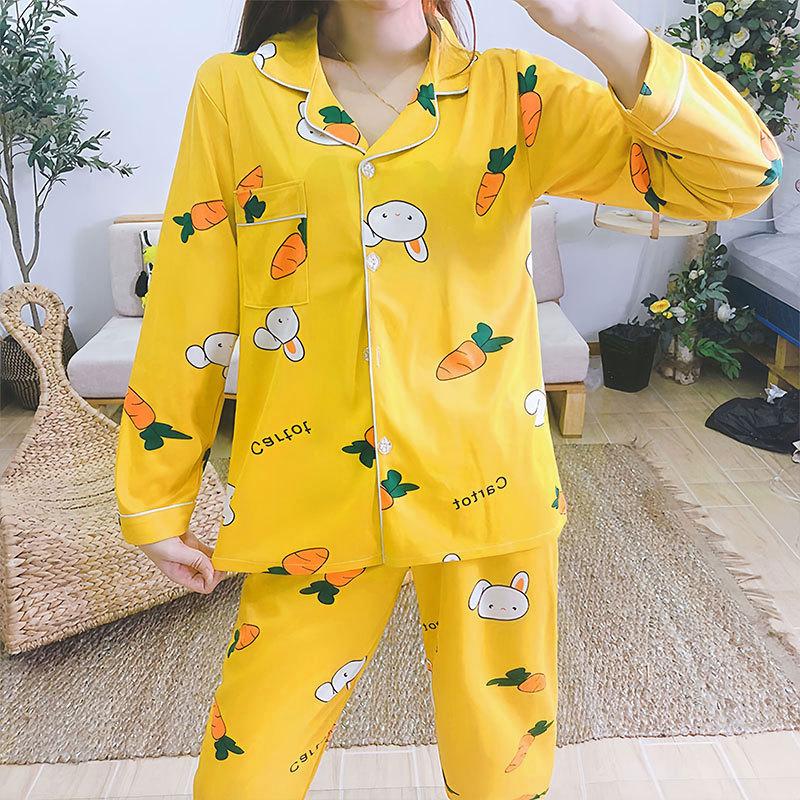 Spring And Autumn Pajamas Women'S Cardigan Long-Sleeved Trousers Korean Girls' Simple Cartoon Loungewear Suit Can Be Worn Outside