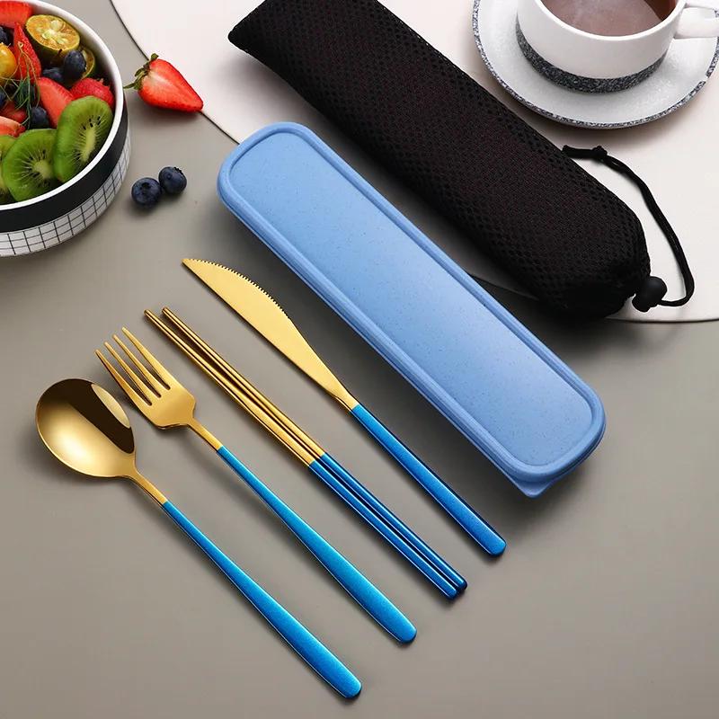 4Pcs Portable Tableware Set Stainless Steel Knife Fork Spoon Chopsticks Travel Tableware With Box Picnic Camping Cutlery Set