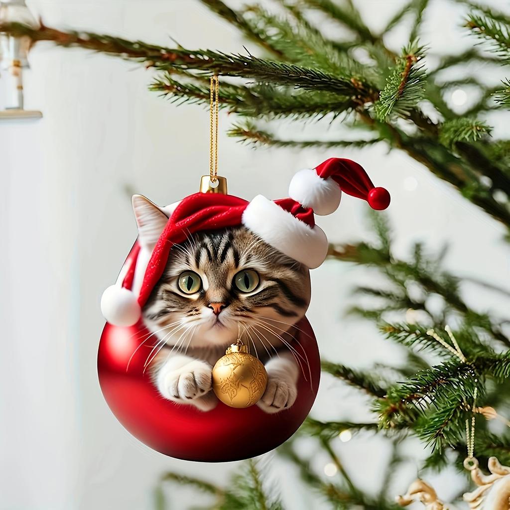 10pcs Christmas Cat Acrylic Ornaments Set,Plastic Santa Hat Kitty Hanging Decorations for Christmas Tree, Car Mirror Keychain, Home and Party Decor