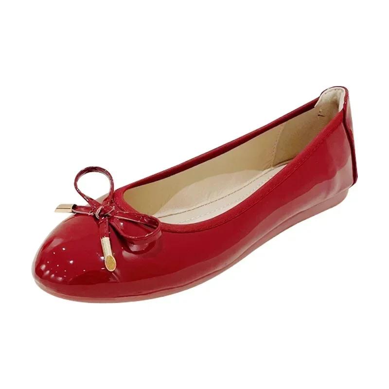 Ladies Single Shoes Bowtie Flats Patent Leather Loafers Women Round Toe Roll-Up Shoes Woman Bridesmaid Flats Zapatillas Mujer