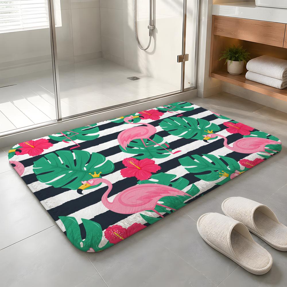 Cabana Stripe Flamingo Floor Mat Machine Washable Soft Flannel Area Rug, Non-Slip Absorbent Floor Mat for Living Room Bedroom