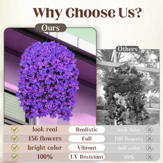 2Pcs Hanging Artificial Bougainvillea Speetabilis UV Resistant Realistic Fake Flower Wedding Party Indoor Outdoor Garden Yard Wall Hanging Faux Bloom