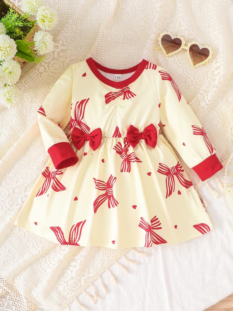 Girls Long Sleeve Ruffle Dress Basic Crewneck Everyday Dress Soft Print Dress For Kids