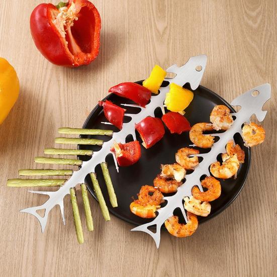 Barbecue Skewer Stainless Steel Roasting Fork Fish Bone Shape Outdoor Barbecue Skewer Non-stick Grill Fork