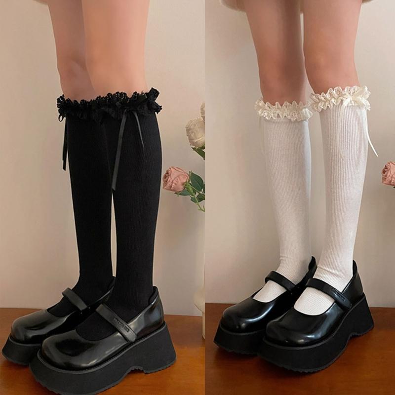 Ballet Style Bow Knee High Socks Lolitas Lace Ruffle Frilly Calf Socks JK Students Girls Stockings Sweet Knee Highs