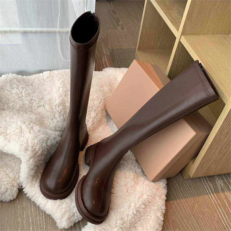 Strong Push~! Huge and Thin! Ins Retro Brown Round Head Thick Sole Medium Heel High Boots Elastic Thin Boots Long Boots