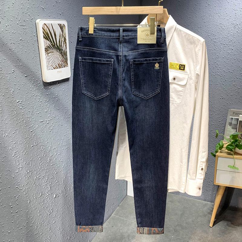 Men's Full-Bottom Printed Stretch Jeans - Thick Autumn/Winter Casual Straight Pants, Trendy and Comfortable