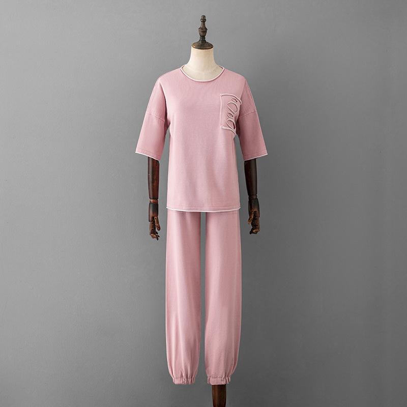 Women's Ice Silk Knitted Suits Summer O Neck Short Sleeve Long Pants Large Two Piece Set