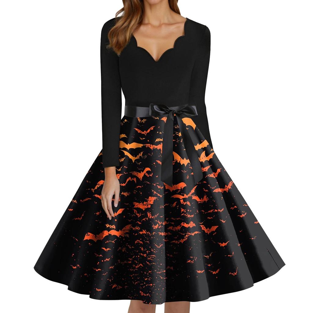 Women's Fashion V-Neck Casual Slim Fit Halloween Printed Long Sleeve Dress