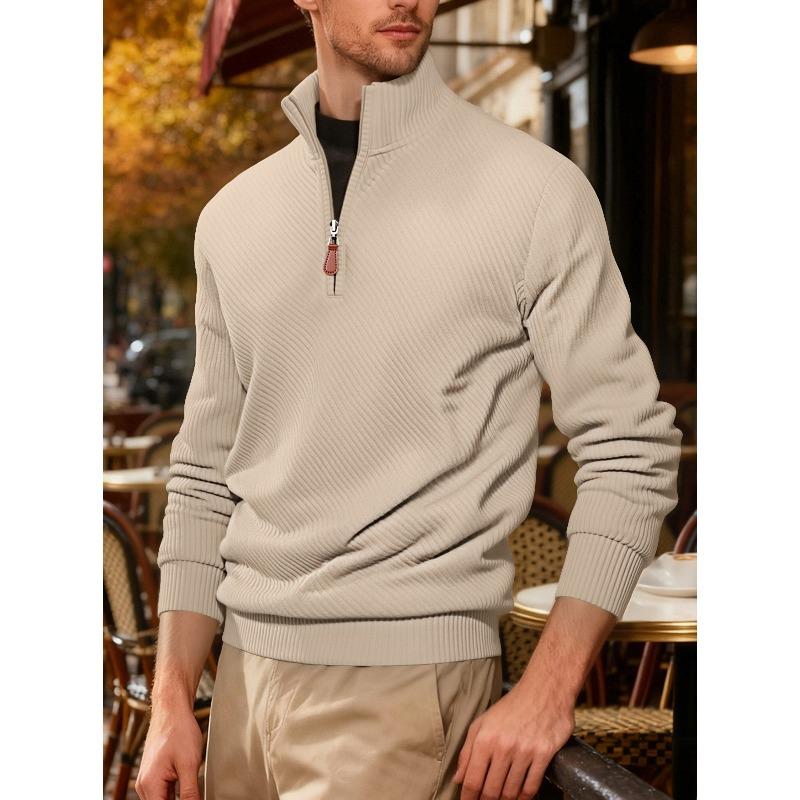 Men's Twill Jacquard Ribbed Half Zip Sweatshirt, Long Sleeve Stand Collar Sport Casual Trendy Pullover Hoodie for Autumn Winter