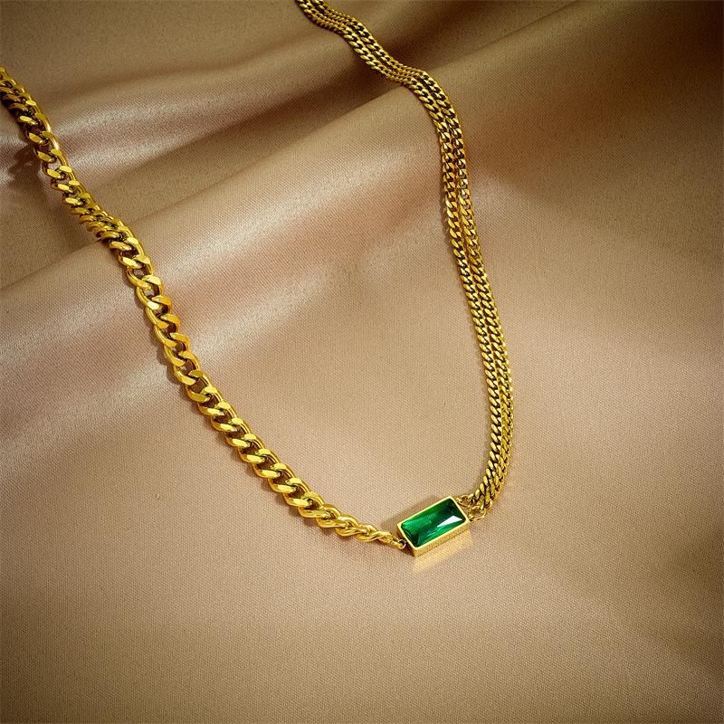 Gold Plated Cuban Link Emerald Cubic Zirconia Jewelry Set Necklace Bracelet Earrings