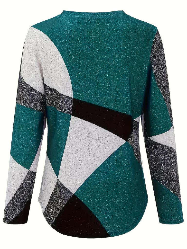 Plus Size Women's Color Block Geometric Print Long Sleeve Top - Multiple Colors, Spring/Autumn Style