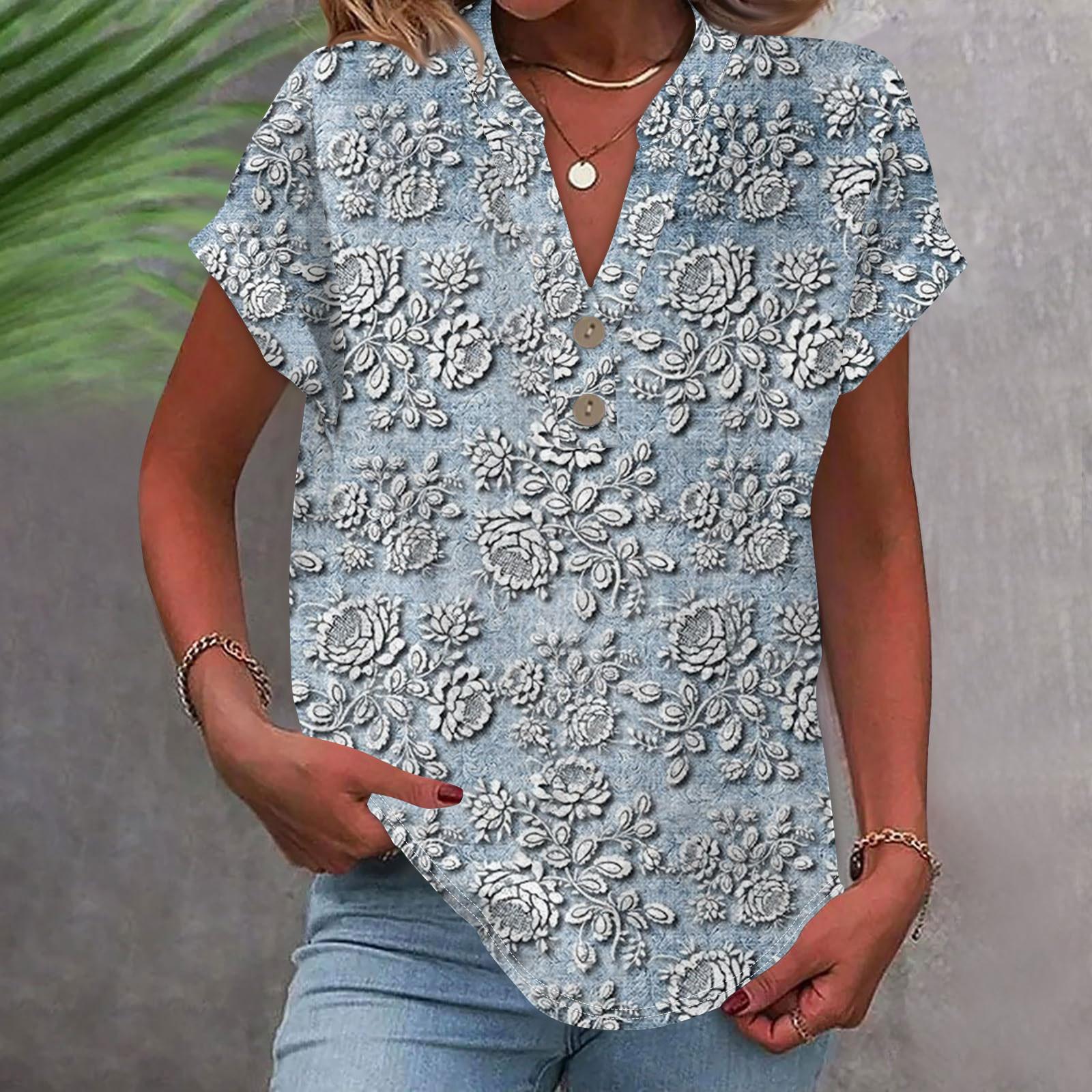 

Женская модная повседневная рубашка с v-образным вырезом и коротким рукавом с принтом, футболка на пуговицах, топ L