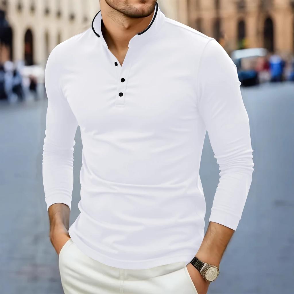 New Men's Casual and Fashionable Solid Color Long Sleeved Stand Up Collar T-shirt Summer Versatile and Comfortable Top
