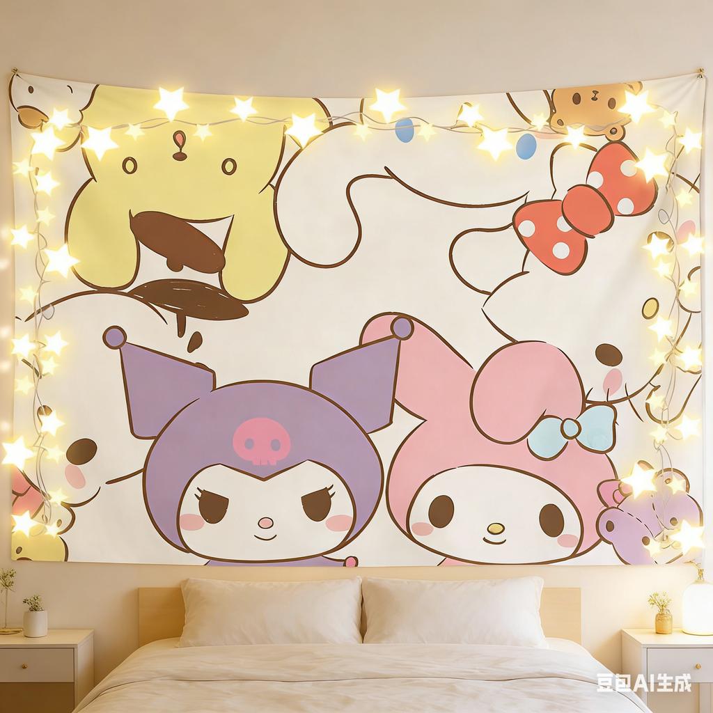 Kawaii Cartoon Characters Tapestry Kuromi  My Melody Group Print Polyester Wall Hanging Sweet Pink Themed Home Decor for Bedr