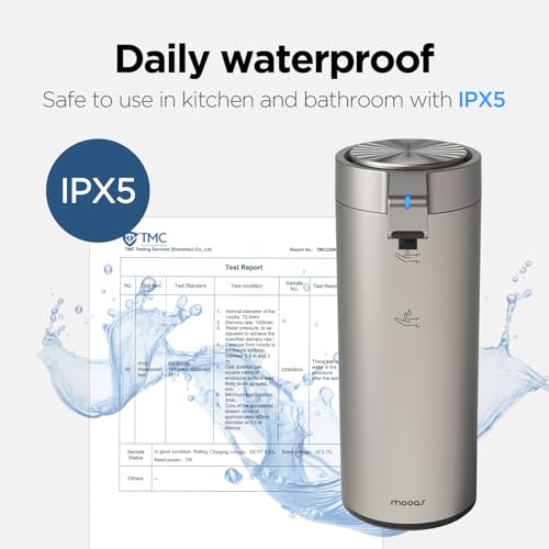 Mooas Automatic Liquid Soap Dispenser, Stainless Steel, Touchless Hand Soap Dispenser with 2 Adjustable Levels, IPX5 Waterproof, Motion Sensor, Dish D