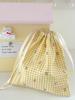 Yellow Grid Flower Drawstring Bag Fabric Travel Organizer Bags Portable Miscellaneous Sorting Bag Large Drawstring Bags Pouch