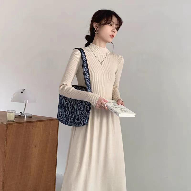 Women's Long French Knitted Dress - Autumn/Winter, Elegant Royal Style, Perfect Layer with Coat