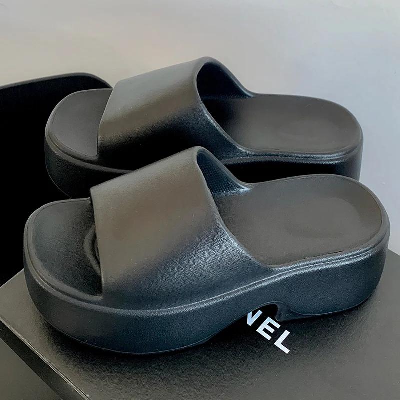 

Rimocy 2025 Новые женские тапочки на танкетке Летние пляжные с открытым носком Сандалии на толстой подошве Платформа из ЭВА Шлепанцы на перемычке Женские 40-41 чёрный