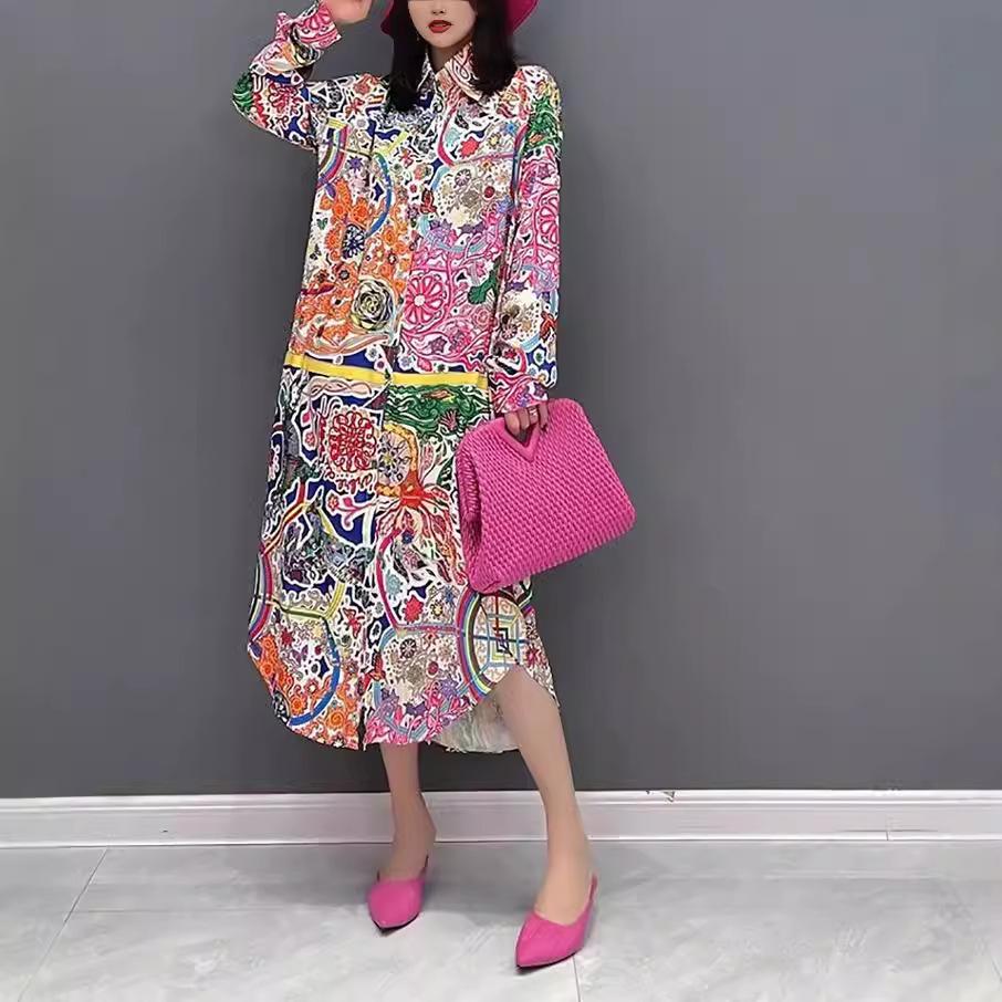 Thai Trendy Brand Spring and Summer Holiday Style Temperament Versatile Loose Printing Retro Long Shirt Dress Women