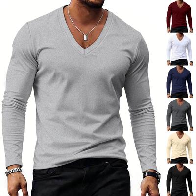 Men's Casual -color Sporty Base Layer Shirt, Men's V-neck Long-sleeved Top