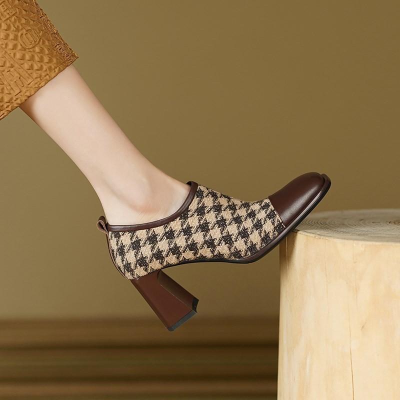 2025 New Women Retro Houndstooth Mary Janes Pumps Patent Buckle Strap Block Thick Heeled Shoes Ladies Dress Spring