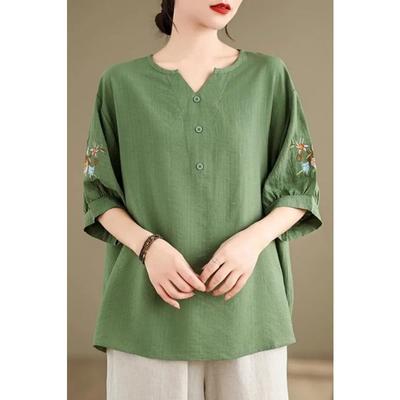 Retro Ethnic Style Embroidered Cotton and Linen Shirt Women's Summer Thin Shirt Temperament Linen