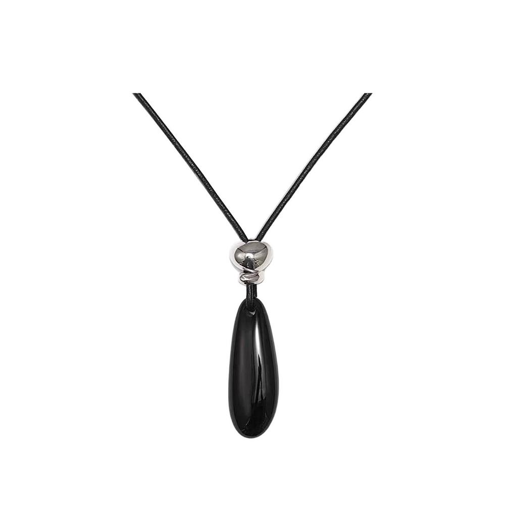 Teardrop Black Agate Pendant Sweater Necklace - Elegant European & American Fashion Jewelry.