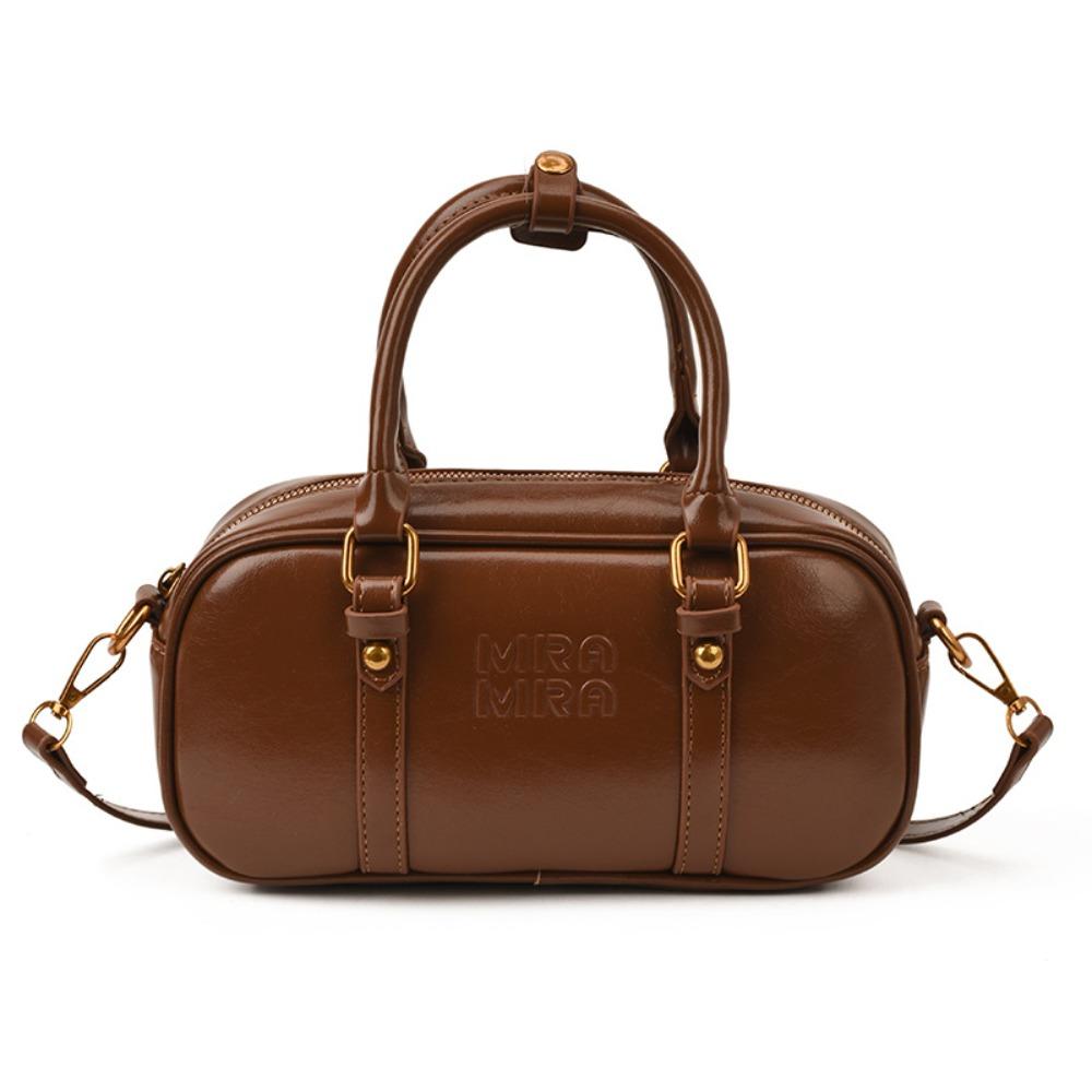 Elegant PU Leather Bowling Bag Solid Color Korean Style PU Boston Bag Handbag Large Capacity Sling Bag Outdoor
