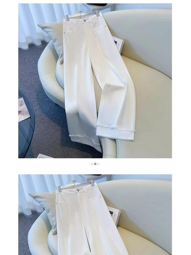 Women's White Wide-Leg Jeans 2025 - High-End Drapey Nine-Point Frayed Edge Straight Leg Trousers for Spring and Autumn