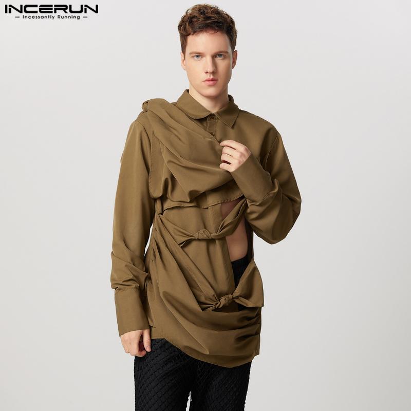 INCERUN Men Irregular Ruffled Shirts Front Cross Hollow Long Sleeve Tops