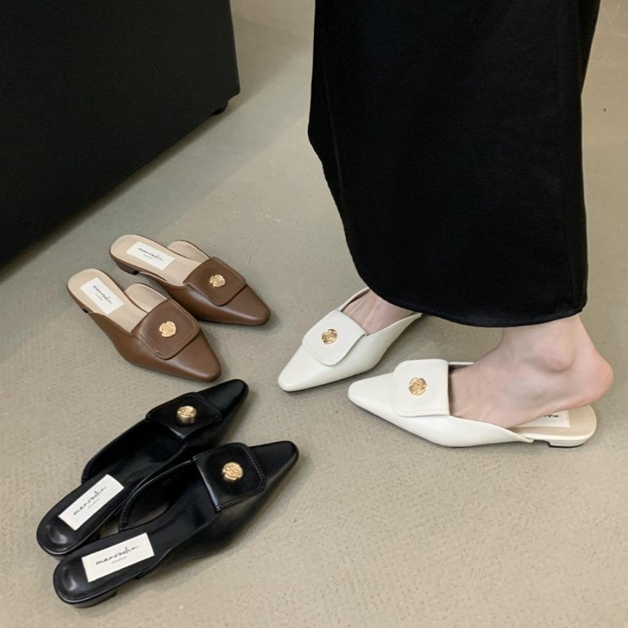 2025 spring and summer new metal buckle pointed head thin flat bottom slippers bag head half drag soft leather comfortable flat heel women's shoes
