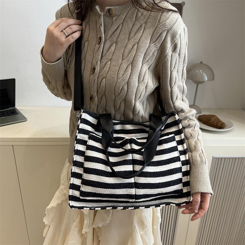 Literary Contrasting Color Canvas Bag Spring and Summer New Tote Bag Large Capacity Shoulder Underarm Striped Beach Bag