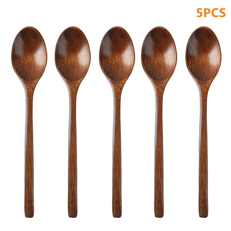 5 Pcs Natural Wooden Soup Spoon Set Food Grade Heat Resistant Ellipse Ladle for Home Kitchen Cooking Tableware