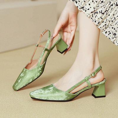 Baotou Sandals New Chinese Retro Empty Single Shoes Green High Heels Not Tired Feet Elegant Middle Heel Sandals