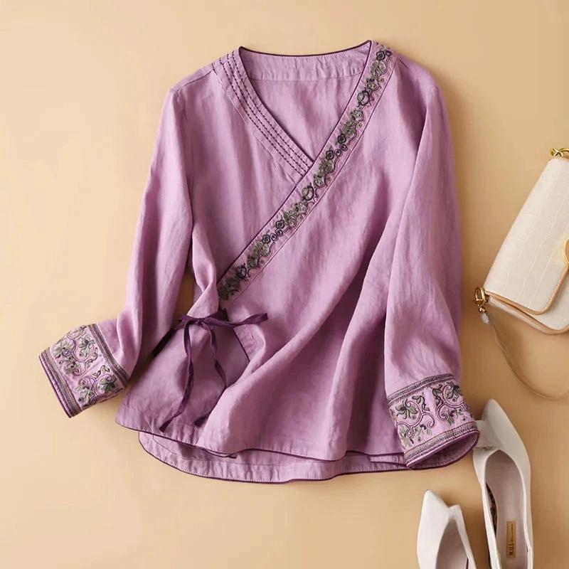 

Летняя этническая женская одежда с хлопковым и льняным косым воротником, вышитым топом, художественным ретро свободным и улучшенным ханьфу в древнем стиле XL фиолетовый