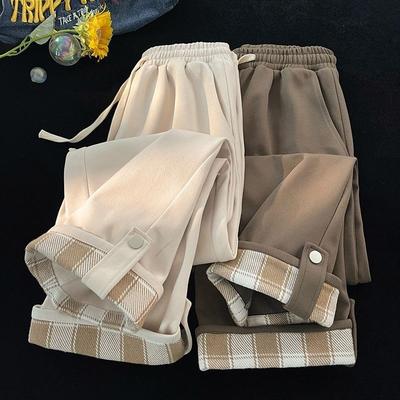 Zimowe spodnie z szerokimi nogawkami podszyte polarem, wzór w kratę, luźny krój, unisex, spodnie codzienne, moda