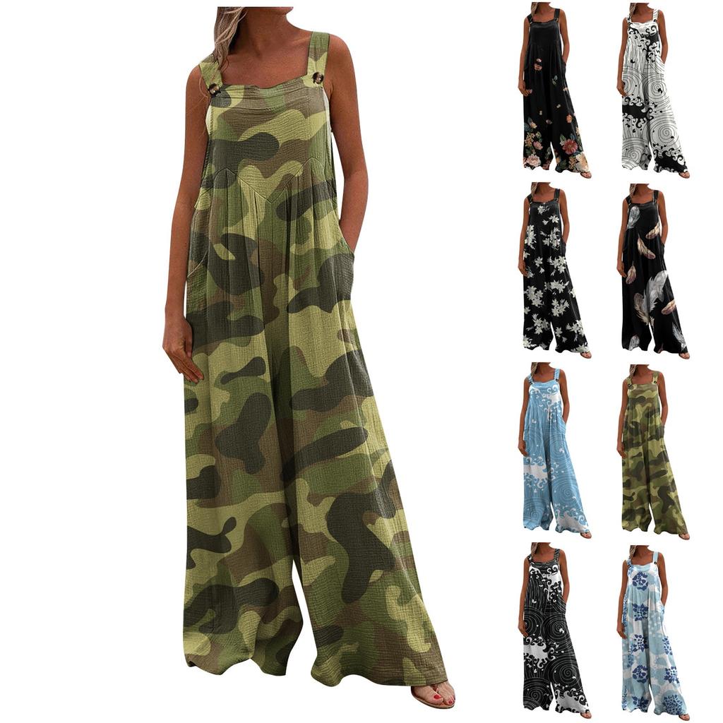 Women's Casual Loose Printed Sleeveless Tank Top Jumpsuit Square Neck Gathered Wide Leg Jumpsuit With Pockets