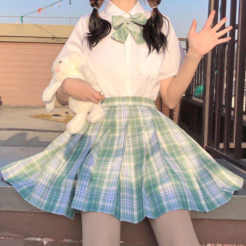 Lemon Sea Salt Plaid School Uniform: Short Sleeve Top & Midi Skirt Set